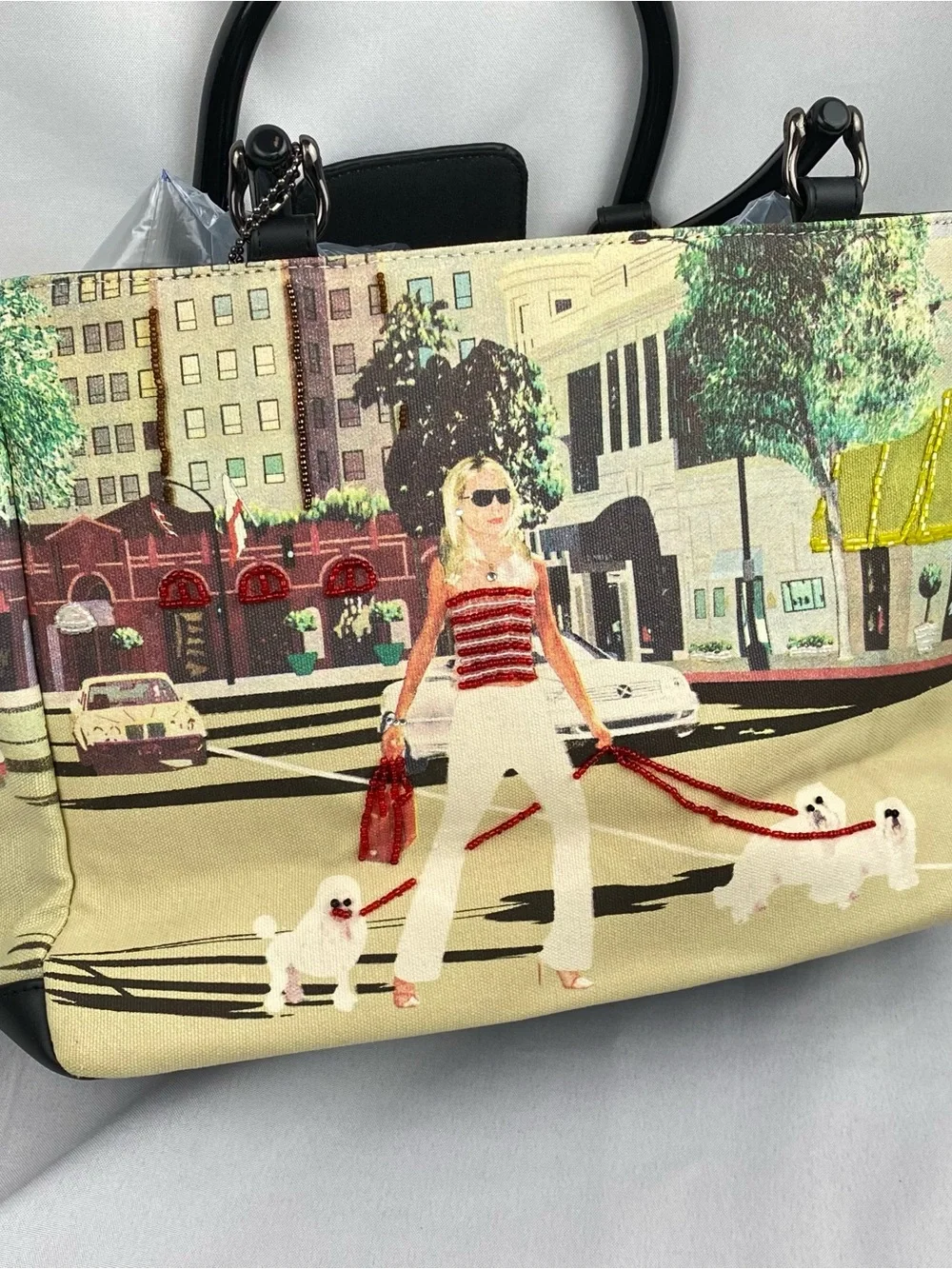 Women's Bueno Large Satchel Luxury Downtown Beaded Dog Walking Scene Size NWOT